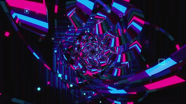 Abstract digital vortex made of twisting chains, spiral paths and cosmic arrays, for electronic music festivals, high-tech club visuals, stage screens and LED video walls