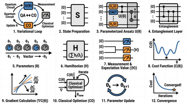 Quantum computing variational loop demonstrating state preparation parameterization and cost function optimization for algorithmic development and advanced research.