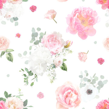 Blush floral with pink rose, white hydrangea, ranunculus, lilac, anemone, tulips, greenery seamless vector floral pattern. Tileable print with flowers. Flower watercolor backdrop.Elements are Isolated
