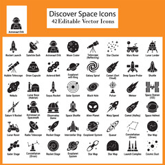 Collection of space exploration flat icons on a white background featuring rockets and planets © Alamin.gfx
