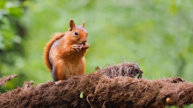 Close-up shot of a fluffy red squirrel sitting on a mossy fallen tree trunk, nibbling intensely on a nut in the middle of a lush green forest. Great for wildlife content.