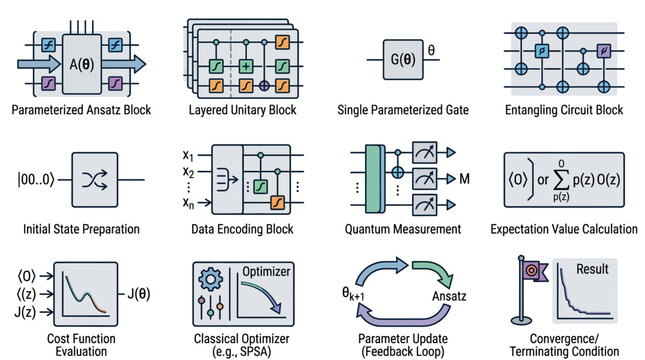 Quantum algorithm circuit components icons set showing variational quantum eigensolver steps including ansatz blocks state preparation optimization loops and measurement.