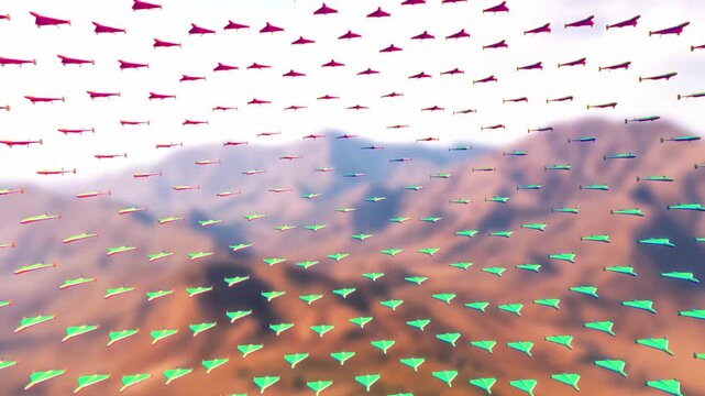 Massive swarm of military uav drones flying in formation with a thermal heat map shader over a desert landscape in a 3d render