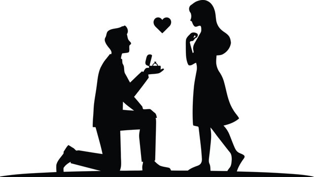 Black silhouette of a man proposing marriage to a woman with a diamond ring and heart