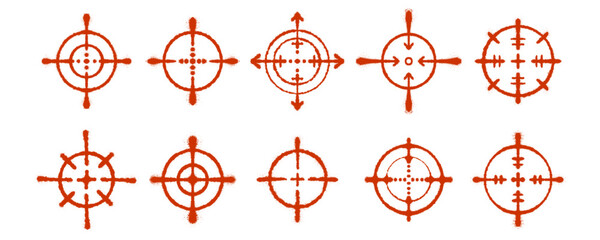 Collection bundle of aim focus targets with red color markings. Multiple crosshair scope templates and radar point symbols for tactical weapon shooting interface clip art. © dirtyfellas
