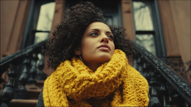 Urban Muse: A young woman with a vibrant afro and a thick yellow scarf gazes thoughtfully upwards, sitting on the stoop of a brownstone building.