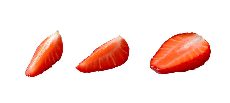 Juicy strawberry slices set isolated on transparent background. Many big bright berry pieces cut out. Shiny ripe fruit PNG. Photo image for sorbet, jam, ice cream, jelly, sweet drink packaging design