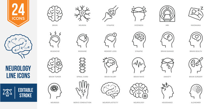 Neurology line icon set. Brain, neuron, synapse, dizziness, MRI, insomnia, headache, migraine, memory loss, brain tumor, spinal cord, anxiety, brain surgery, nerve, Alzheimer. 48x48px. Editable Stroke