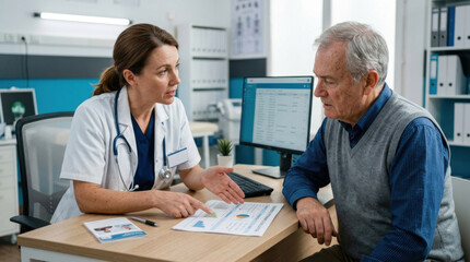 Fototapeta premium Doctor Consults With Elderly Patient Discussing Medical Results In An Office