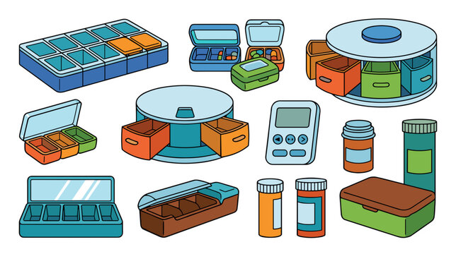 Colorful medication organizers pill boxes and pharmacy storage accessories collection