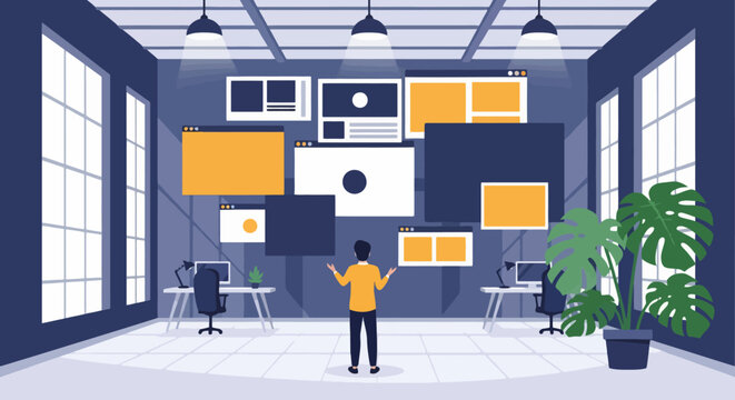 Modern office workspace interior with floating virtual interface windows