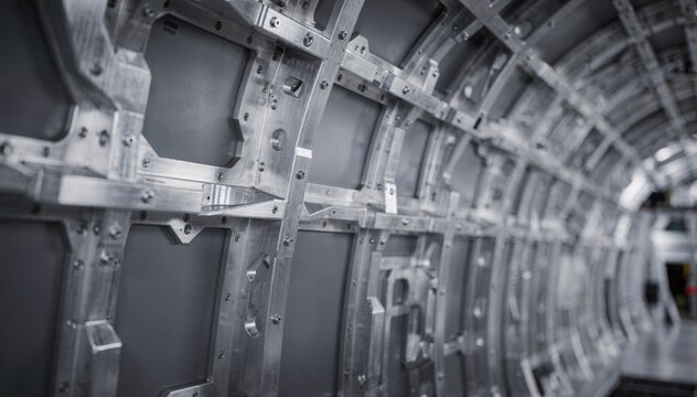 Medium shot capturing aerospace interior structural stiffeners featuring tightly controlled extrusions emphasizing durability and advanced manufacturing techniques.