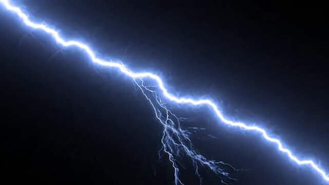 Powerful blue lightning bolt striking through a dark night sky with electric branches and intense energy, featuring large negative space for text placement