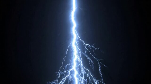 Powerful blue lightning bolt striking through a dark night sky with electric branches and intense energy, featuring negative space for text placement
