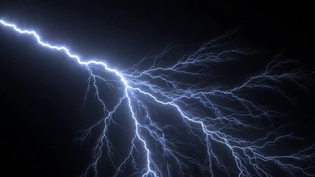 Powerful electric lightning bolt striking through a dark night sky with bright blue flashes and branching bolts, featuring negative space for text placement