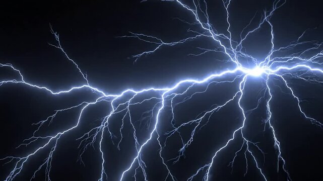Powerful electric lightning bolts striking across a dark night sky with intense bright flashes and branching energy patterns, featuring large negative space for text placement
