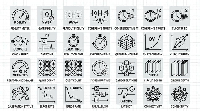 Quantum processor performance indicators and clock speed icons featuring qubit count execution time gate operations and error rate measurement linear vector set for tech.