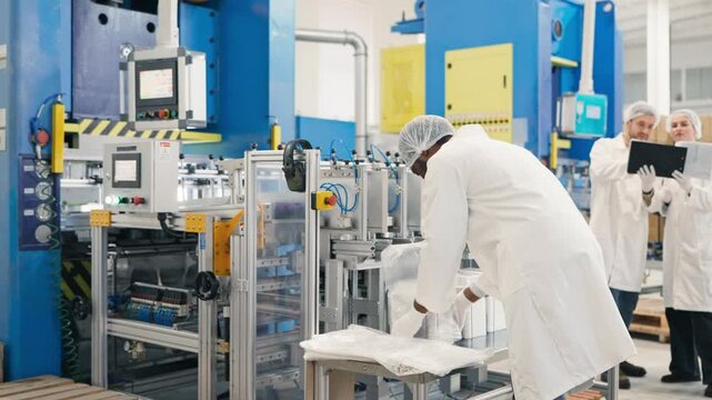 African American male worker wearing protective clothing inspecting pack of aluminum containers and counting batch. Preparing products for shipment. Coworkers talking at the background.