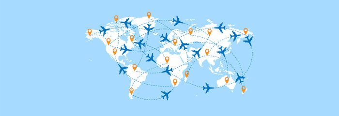 World map with airplane flight routes from all over the world, vector illustration. © Yuliia