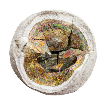 specimen of mineral from geological collection - natural chalcopyrite geode isolated on white background