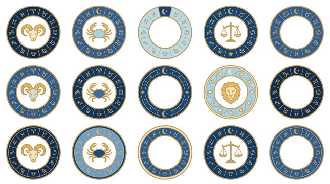 Professional Collection of Vibrant Zodiac Sign Rings with Gold and Blue Accents Featuring Ram Crab Void Scales and Lion Symbols