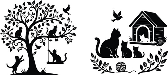 Black and White Cat Family Illustration Set with Tree, Birds, Kittens © DolanAktar