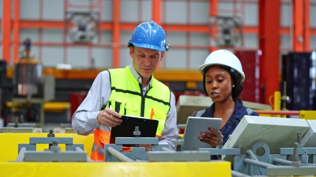 Two professionals engaged in collaborative teamwork discussing a project using a tablet in an industrial environment