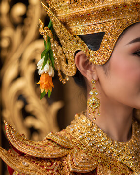 Close-up profile of a Thai woman wearing traditional golden headdress and intricate jewelry