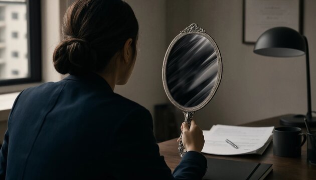 Stressed Businesswoman Looking at Distorted Reflection in Mirror, Workplace Imposter Syndrome Concept
