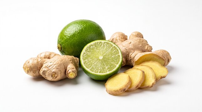 Fresh whole lime and sliced ginger root pieces arranged on a white background, perfect for healthy recipes, herbal tea, and natural wellness ingredients.
