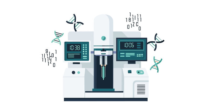Advanced DNA Sequencer and Laboratory Machine Illustration for Biotechnology, Genetic Engineering, and Medical Research Data Analysis