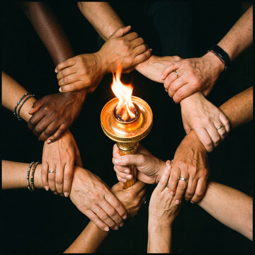 Diverse hands holding a burning Olympic torch in a circle, unity and teamwork concept