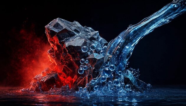 Blue Water Stream Pouring over Glowing Red Rock, Abstract 3D Metaphor for Emotional De-escalation and Calm
