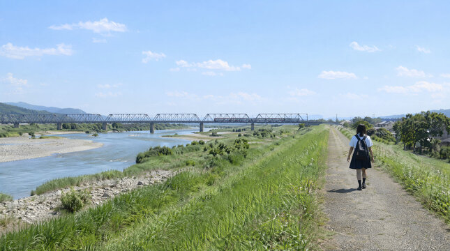 広々とした河原の風景　土手を歩く２人の高校生の後ろ姿