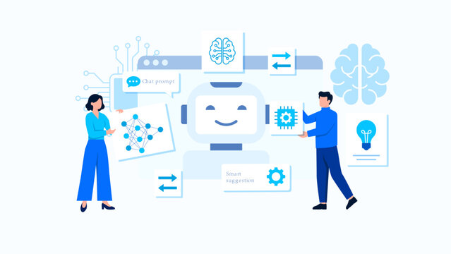 People Interacting with Artificial Intelligence Interface. Users Managing Chatbot Settings and Neural Network Data. Flat Design Illustration for Technology Concepts. Vector Illustration.
