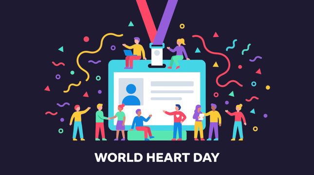 World Heart Day Celebration with Diverse People and ID Badge Illustration