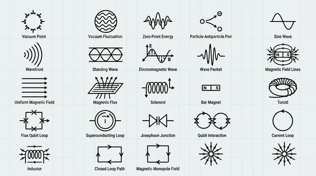 Fundamental physics and magnetism icons including vacuum point zero point energy particle antiparticle pair sine wave standing wave magnetic flux bar magnet and inductor symbols.
