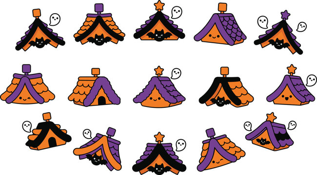 Cute Halloween haunted house roof frame vector border with orange purple black kawaii cartoon ghost elements on white background