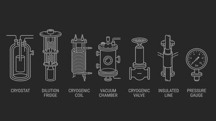 Collection of line style icons for cryogenic laboratory equipment featuring cryostat dilution fridge coil vacuum chamber cryogenic valve insulated line and pressure gauge. © Afifa Nowmin