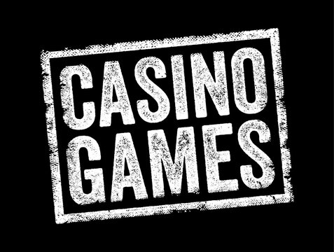 CASINO GAMES rectangular grungy textured rubber stamp imprint. Distressed vintage seal design element featuring textured inks for gambling, wagering entertainment, fortune, and leisure activities.