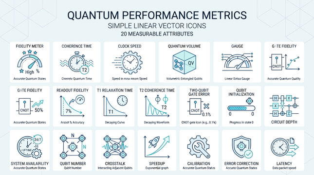 Quantum performance metrics simple linear vector icons set with 20 measurable attributes for quantum computing and scientific research presentations.