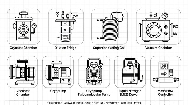Cryogenic hardware icons set: cryostat chamber, dilution fridge, superconducting coil, vacuum, vacustat, cryopump, turbomolecular, ln2 dewar, mass flow controller.