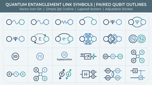 Detailed quantum entanglement link symbol set showcasing paired qubit outlines with layered vectors and adjustable strokes for professional technical interface design.