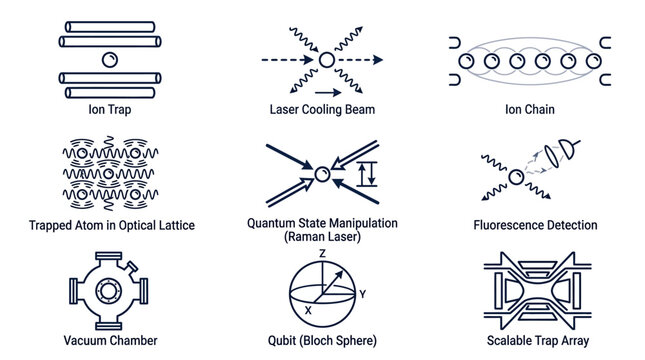 Quantum computing icons set featuring ion trap laser cooling beam trapped atom in optical lattice raman laser manipulation vacuum chamber and scalable quantum trap array.