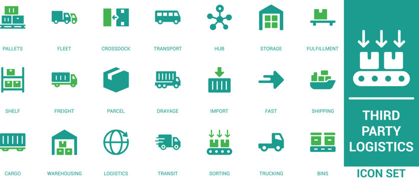 Logistics vector flat icon set. Featuring supply chain warehousing, third party transportation and global freight shipping.