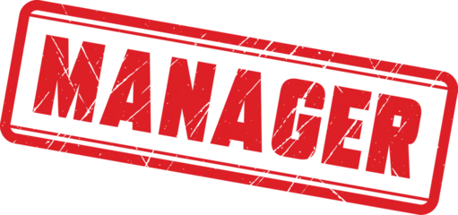 MANAGER: A red ink rubber stamp with a grunge texture used for formal organizational document validation processes. © DesignBee
