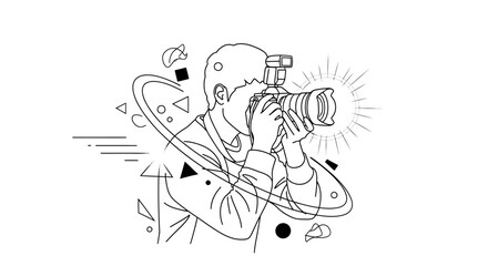 Obraz premium Photographer Capturing Moment with DSLR Camera and Flash, Abstract Shapes