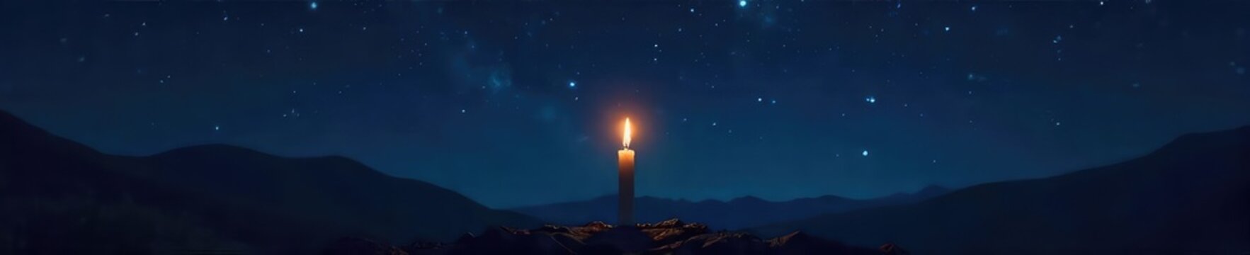 Silhouette of a single candle burning brightly against a dark night sky, stars twinkling, conveying hope and silent wishes made at midnight , wishes, aspiration, peace