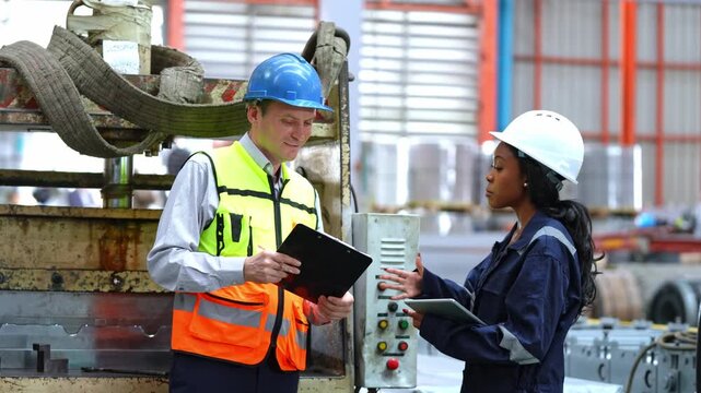Two construction workers engaging in safety discussion in industrial setting with equipment in background