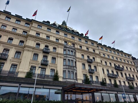 Stockholm, Sweden-Nov.28th 2025: Low angle view of the historic facade of Grand H&ocirc;tel in Stockholm, Sweden